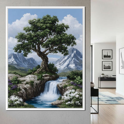 Majestic Tree Mountain Falls Canvas Wall Art