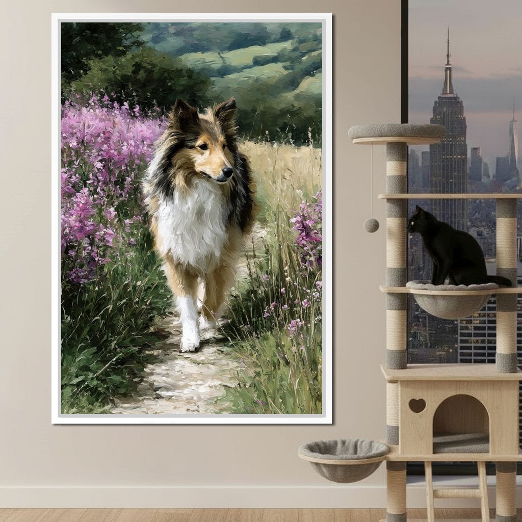 Sheltie Meadow Path Portrait Canvas Wall Art