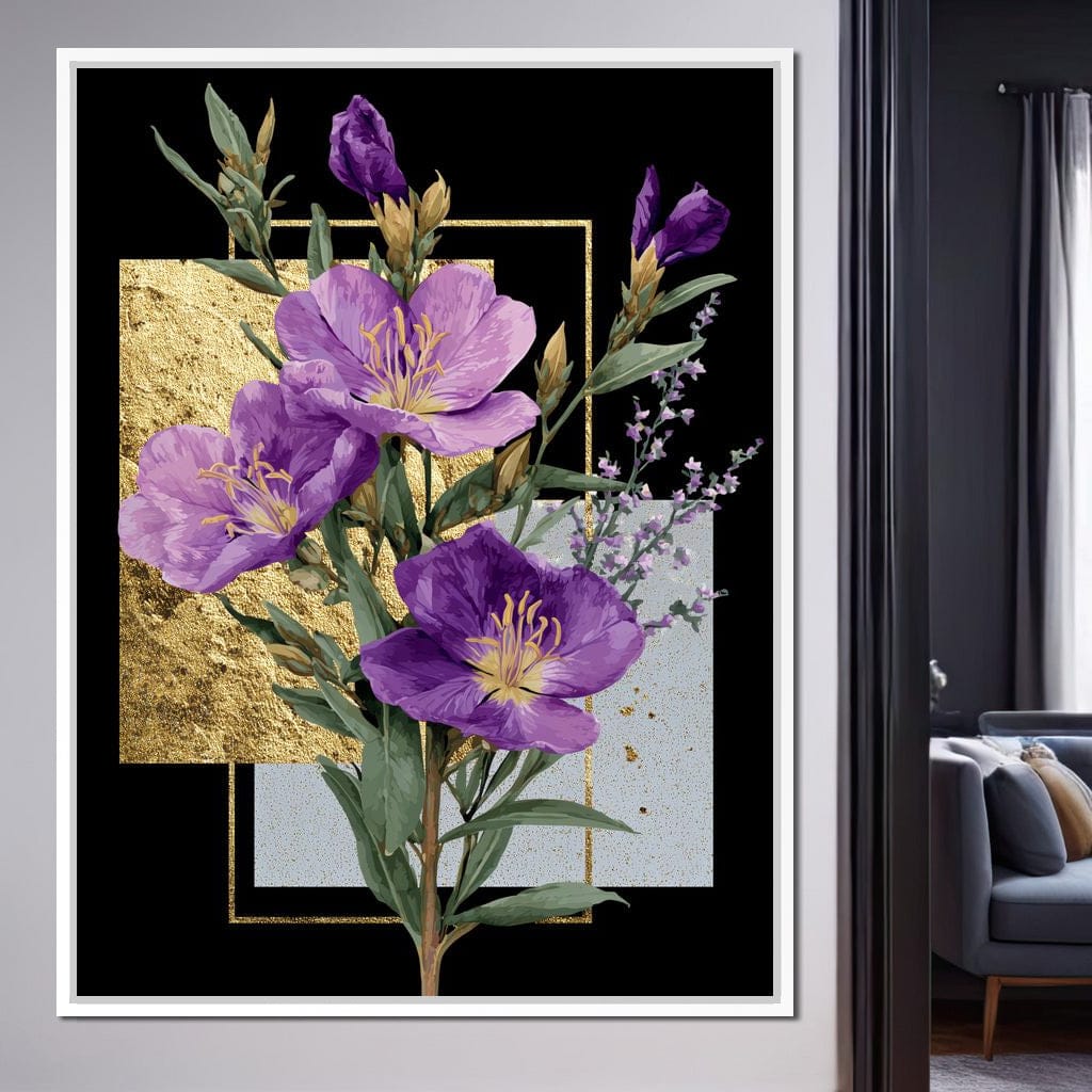 Golden Frame Violet Blossoms Canvas Wall Art