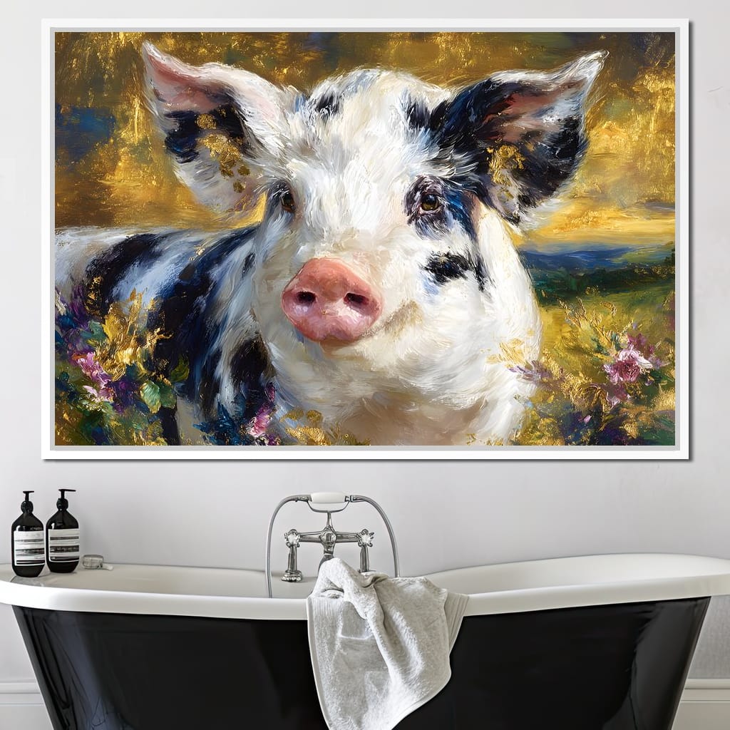 Golden Meadow Piglet Portrait Canvas Wall Art