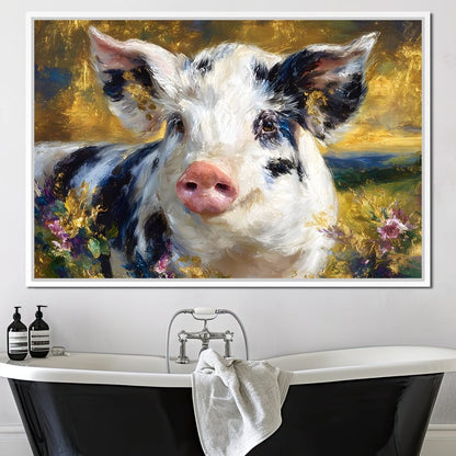Golden Meadow Piglet Portrait Canvas Wall Art