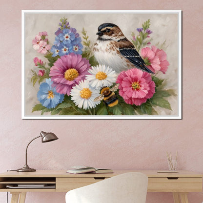 Garden Sparrow and Bumblebee Canvas Wall Art