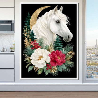 Moonlit Floral Gold White Horse Canvas Wall Art
