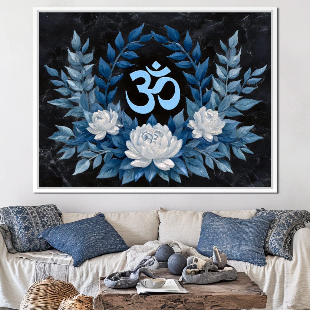 Om Symbol Blue Lotus Wreath Canvas Wall Art