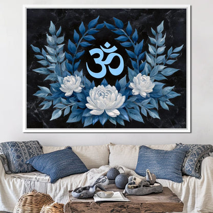 Om Symbol Blue Lotus Wreath Canvas Wall Art