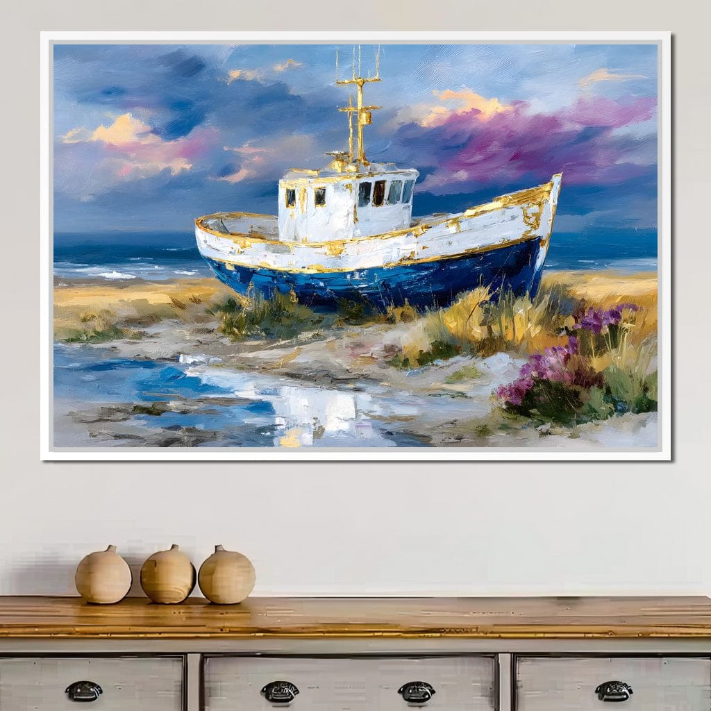 Coastal Boat Under Violet Sky Canvas Wall Art
