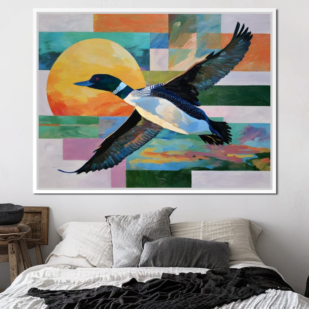 Flying Loon Over Golden Sun Canvas Wall Art