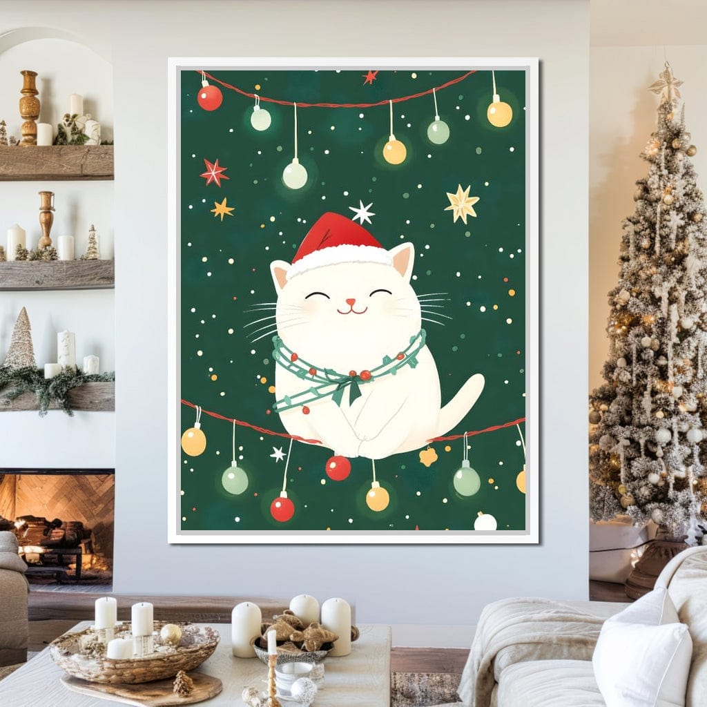 Jolly Santa Kitty Holiday Lights Canvas Wall Art