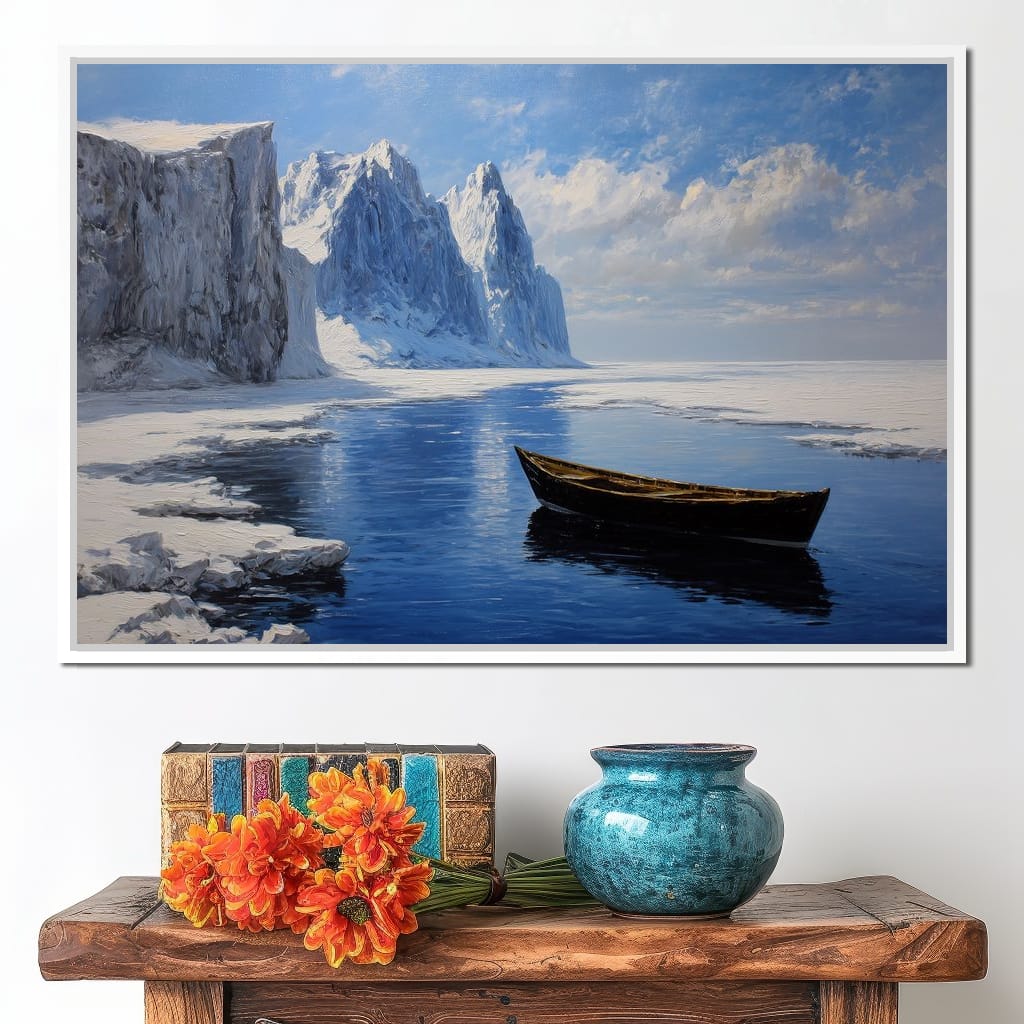 Silent Boat on Frozen Fjord Canvas Wall Art