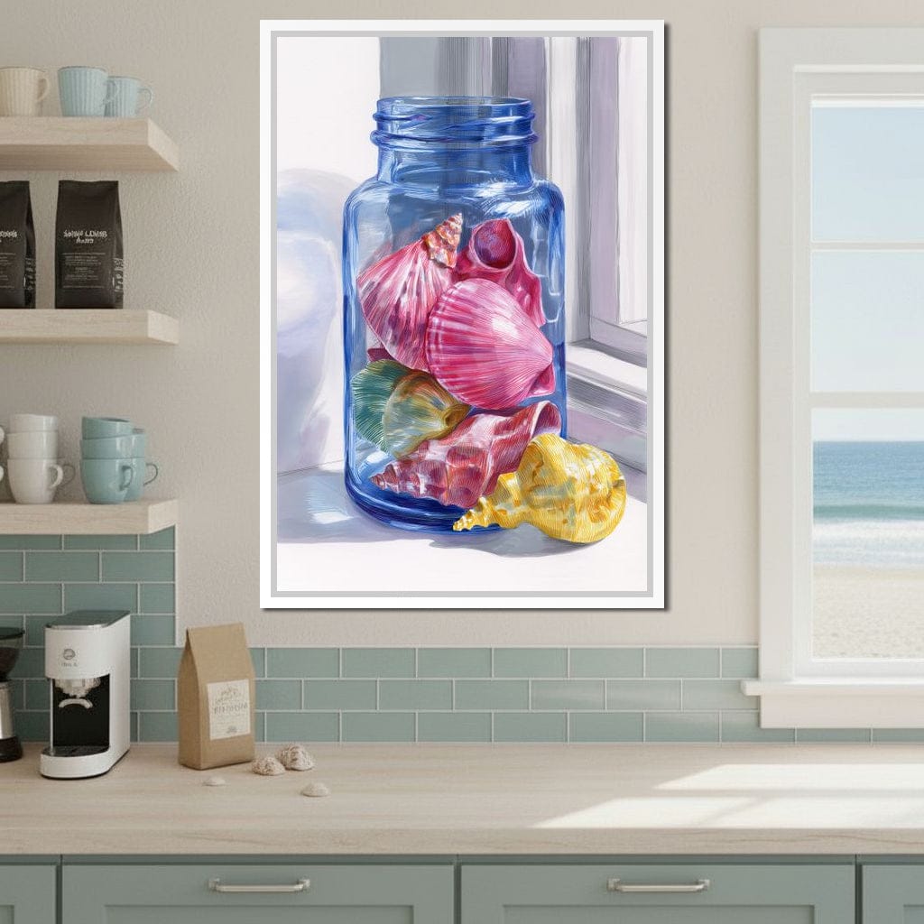 Seashells Jar Sunlit Window Canvas Wall Art