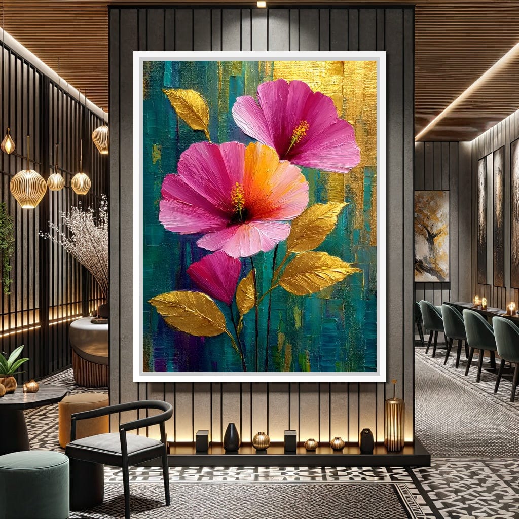 Teal Garden Golden Petals Flourish Canvas Wall Art