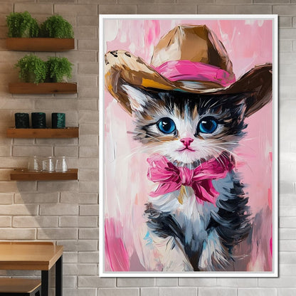 Cowboy Kitten Pink Bow Charm Canvas Wall Art