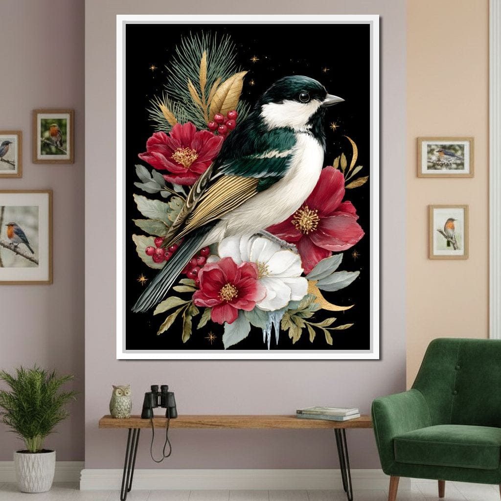 Moonlit Floral Gold Chickadee Canvas Wall Art