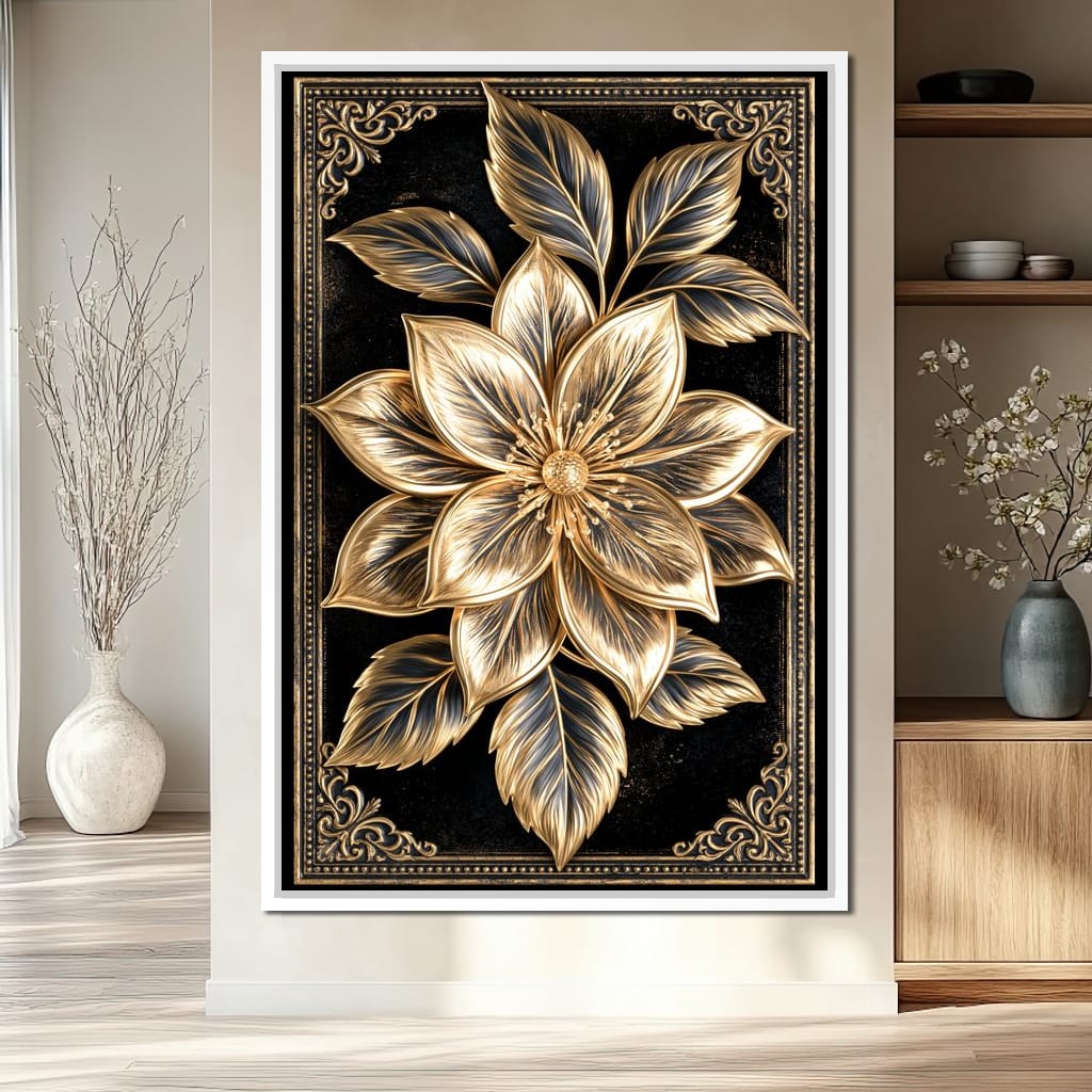 Gilded Petals on Obsidian Fields Canvas Wall Art