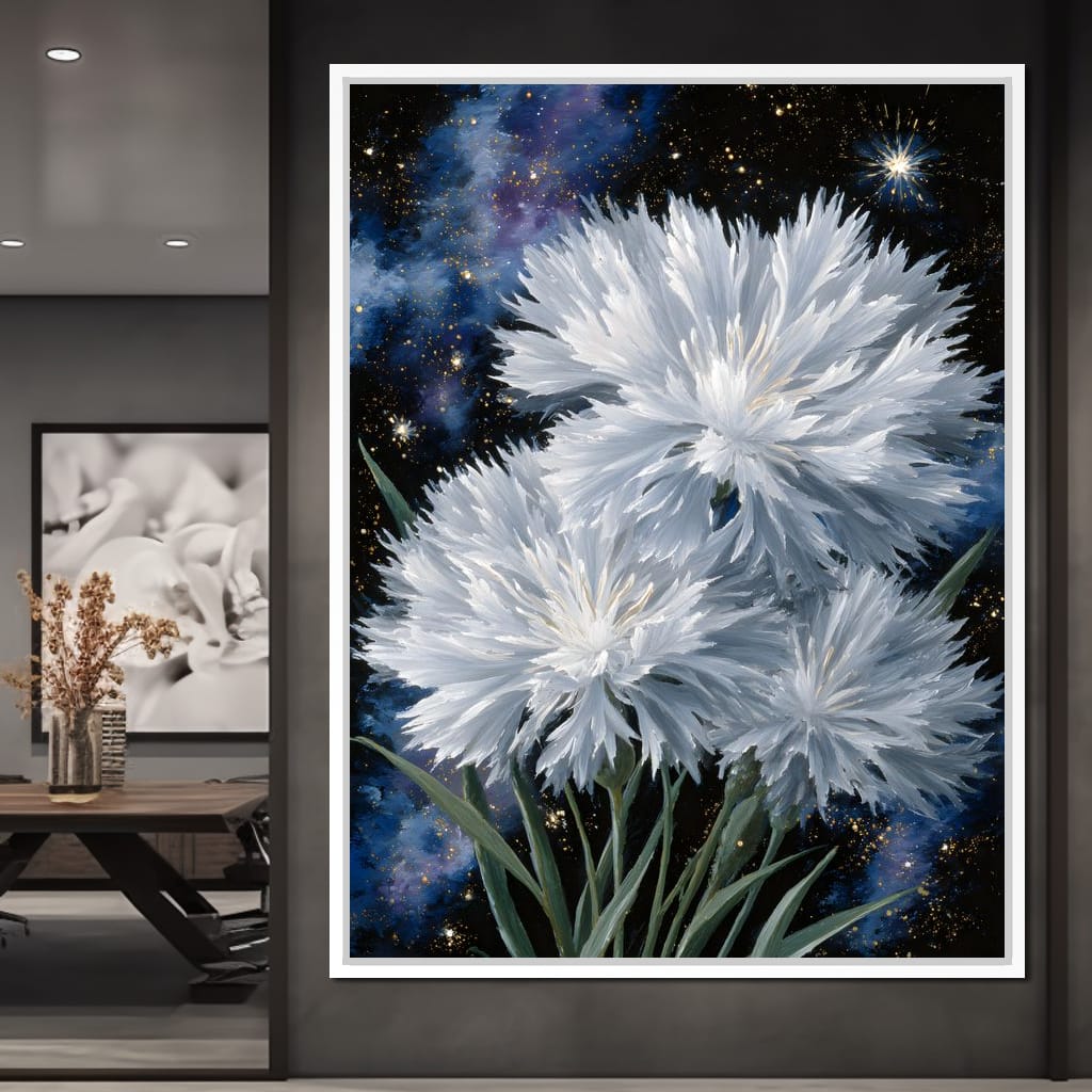 Starlit White Mum Bouquet Canvas Wall Art