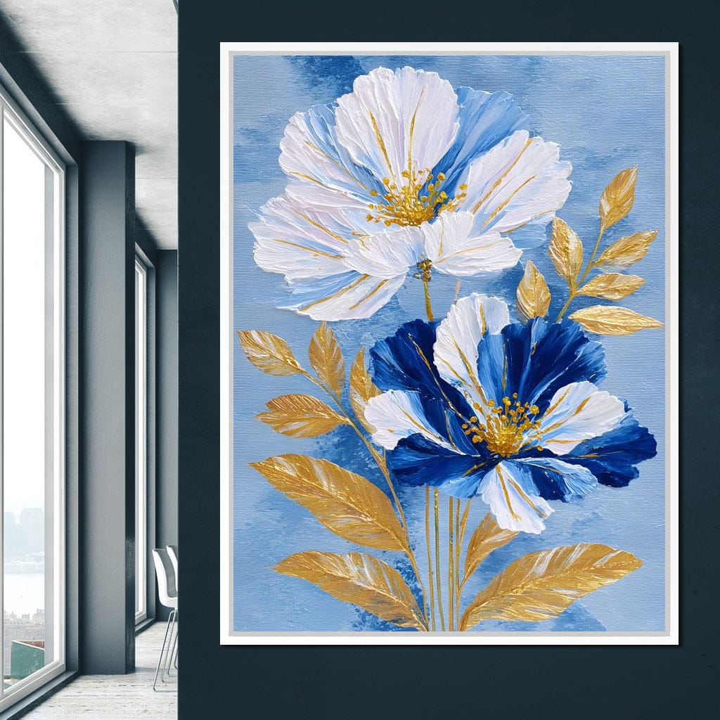 Blue White Peony Gold Leaf Canvas Wall Art