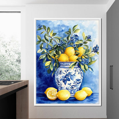Lemon Bouquet in Porcelain Vase Canvas Wall Art