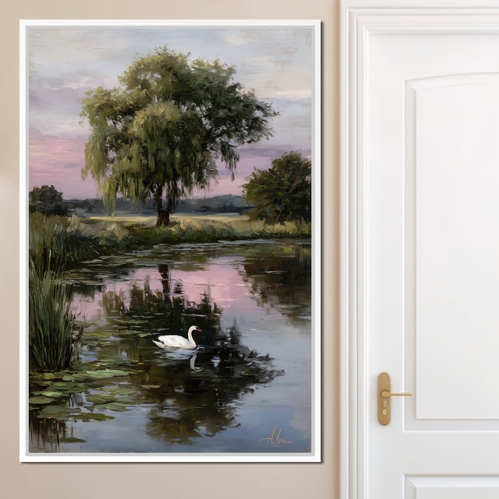 Swan Pond Willow Sunset Sky Canvas Wall Art