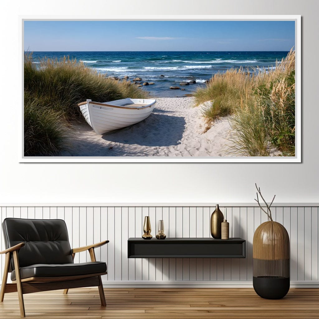 White Rowboat Coastal Dunes Canvas Wall Art