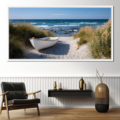 White Rowboat Coastal Dunes Canvas Wall Art