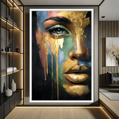 Radiant Gold Drip Face Painting Canvas Wall Art