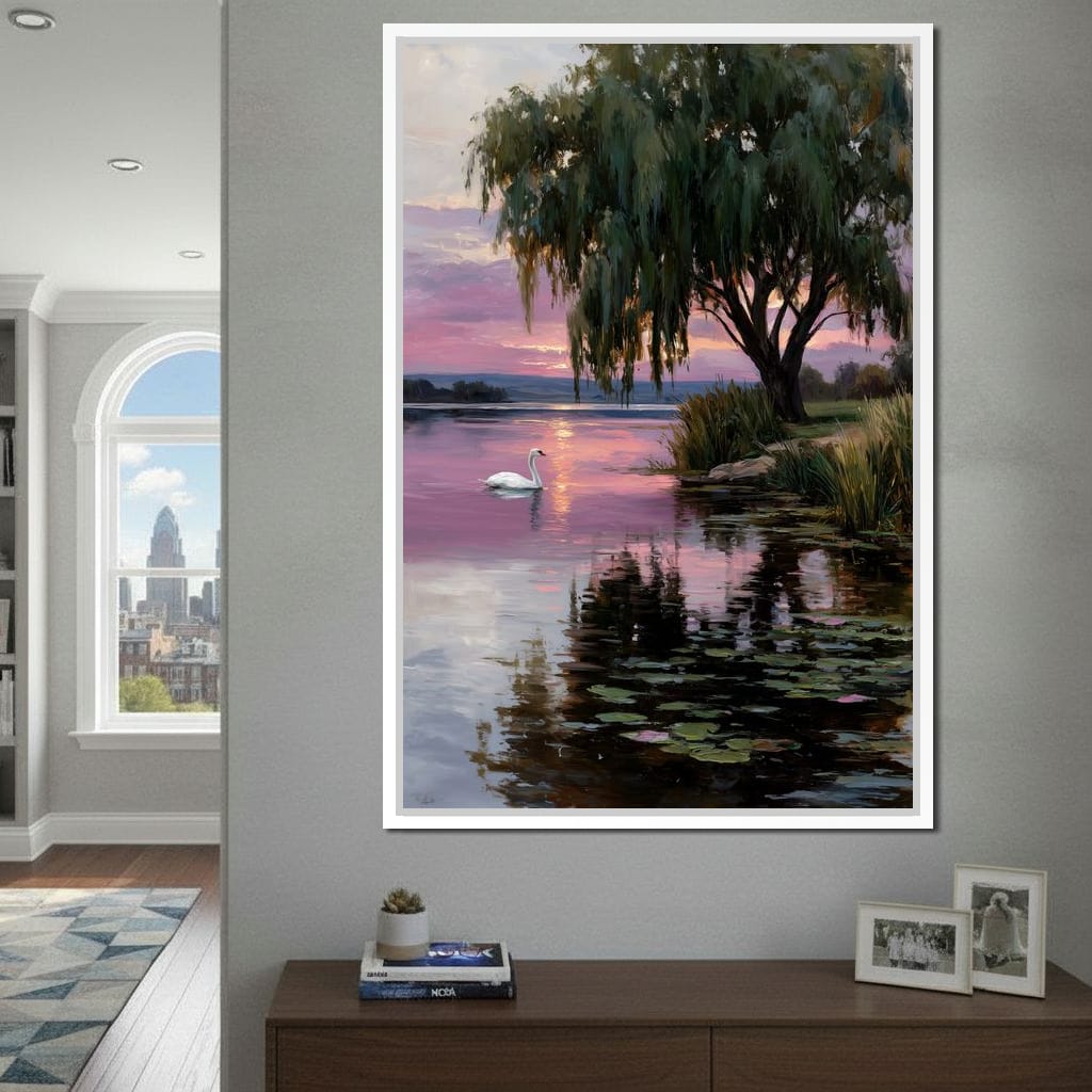Swan Lake Sunset Willow Tree Canvas Wall Art