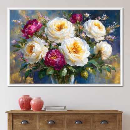Golden Peonies on Blue Background Canvas Wall Art