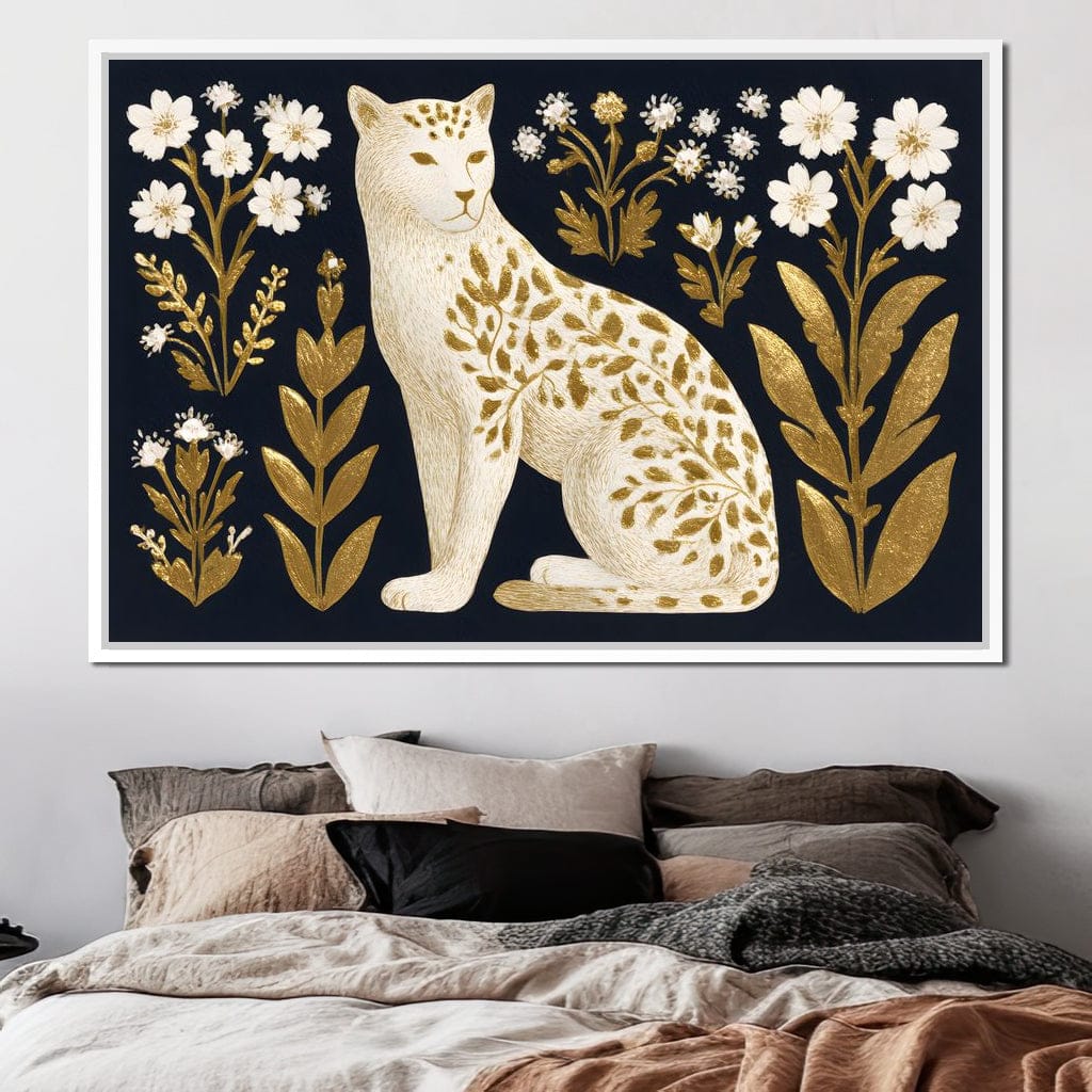 Golden Botanical Leopard Cat Canvas Wall Art