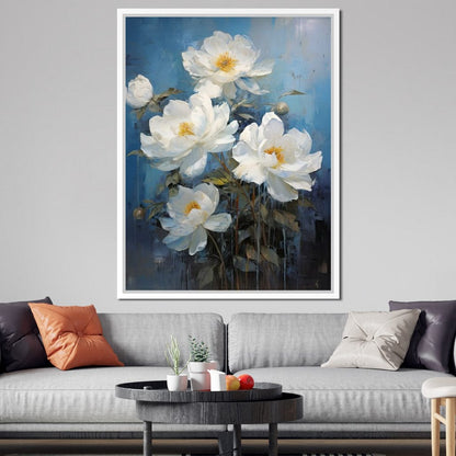 White Peonies on Light Blue Background Canvas Wall Art