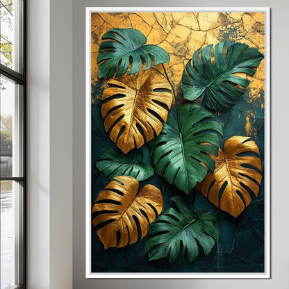 Golden Monstera Leaves Canvas Wall Art