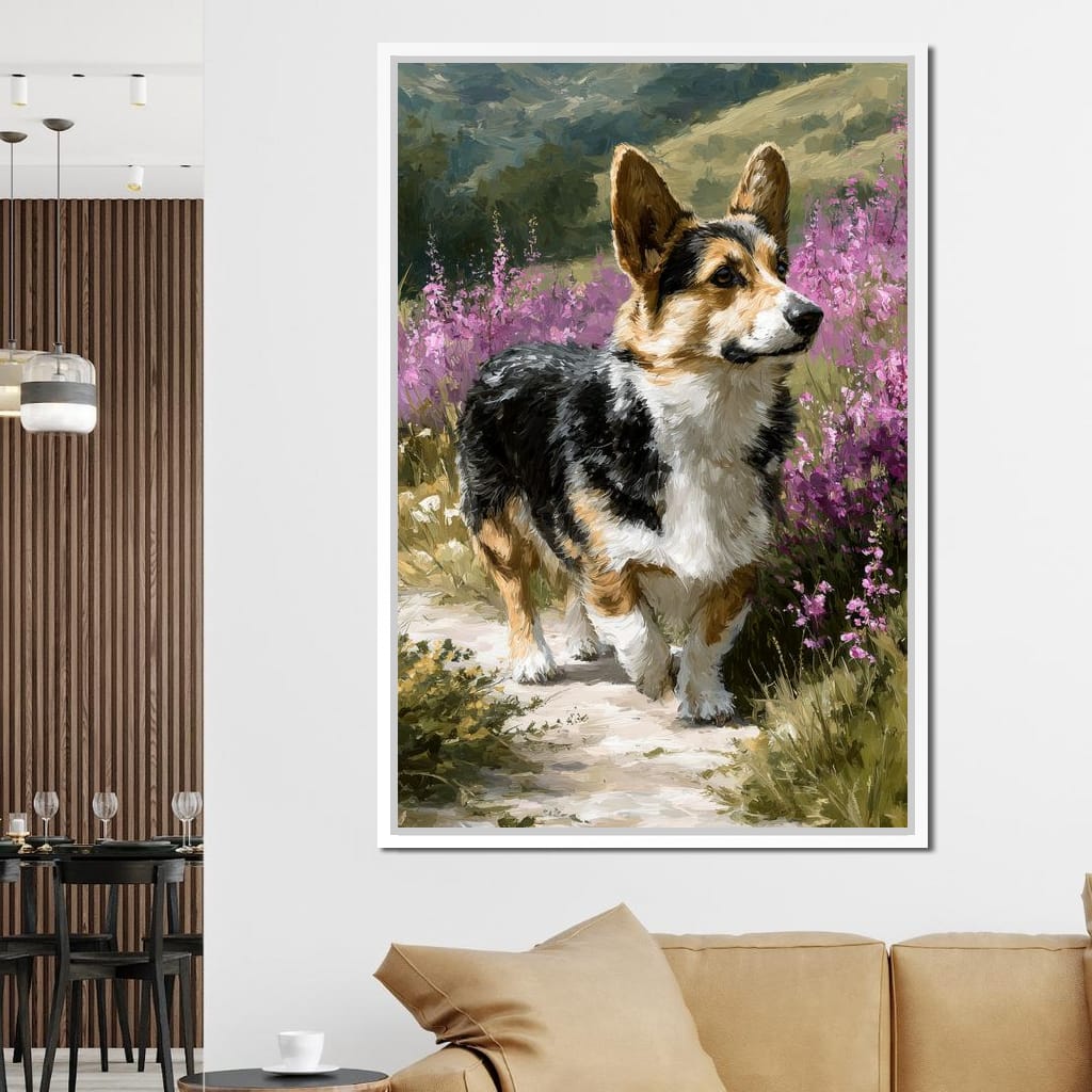 Corgi Along Heather Pathway Canvas Wall Art