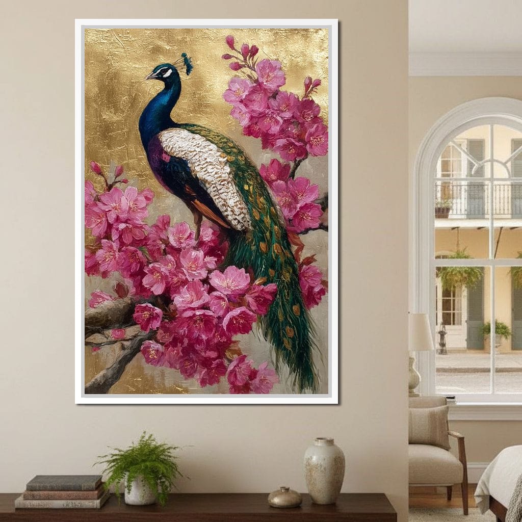 Golden Peacock Cherry Blossom Canvas Wall Art