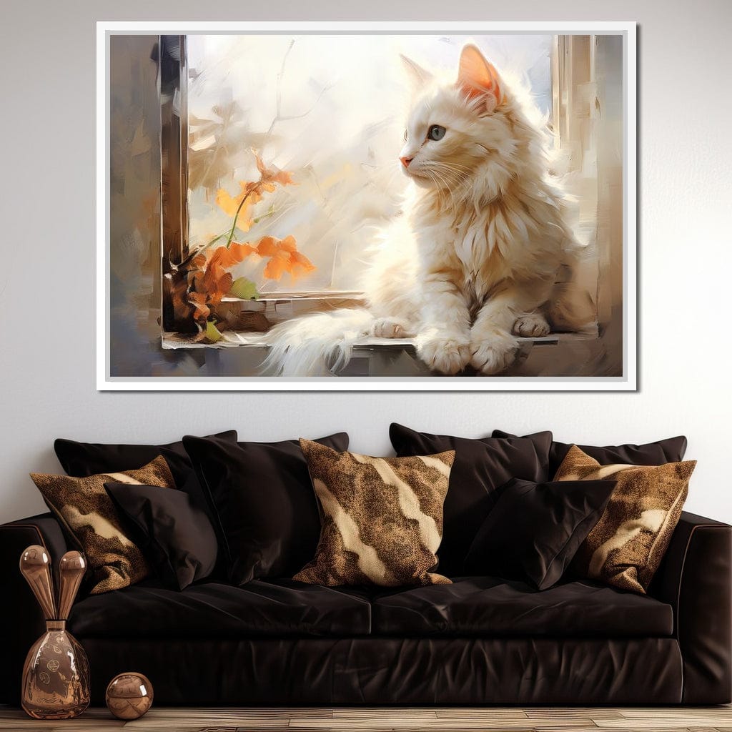 White Cat Sitting on Windowsill Canvas Wall Art