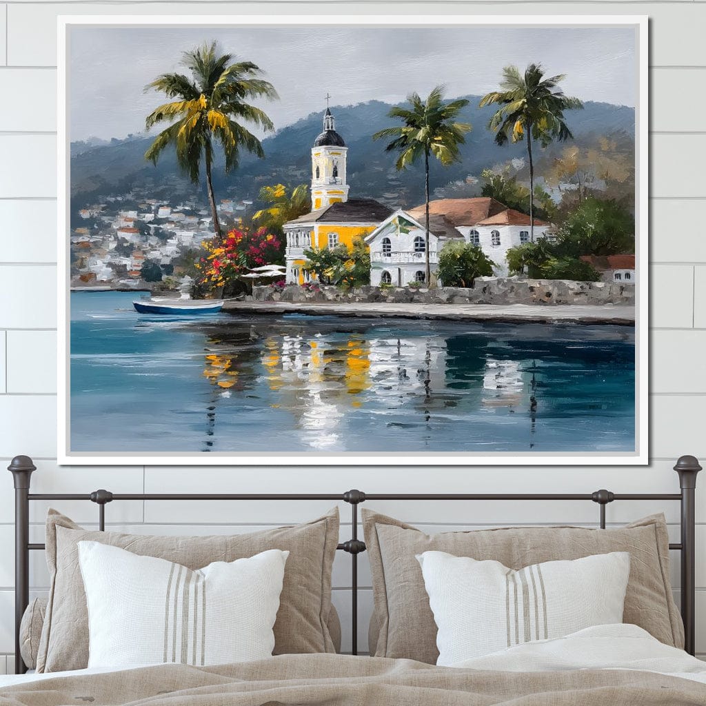 Tropical Harbor Church View Canvas Wall Art