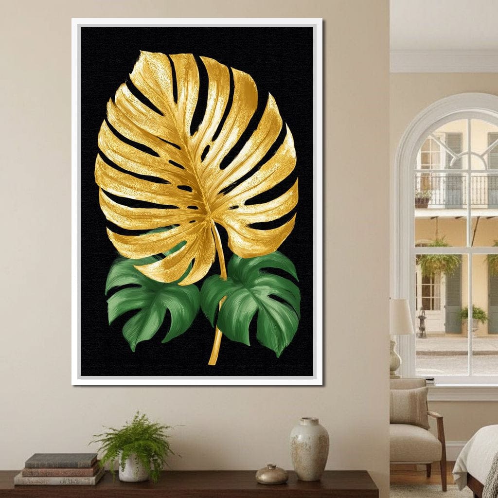 Golden Monstera Leaf Elegance Canvas Wall Art