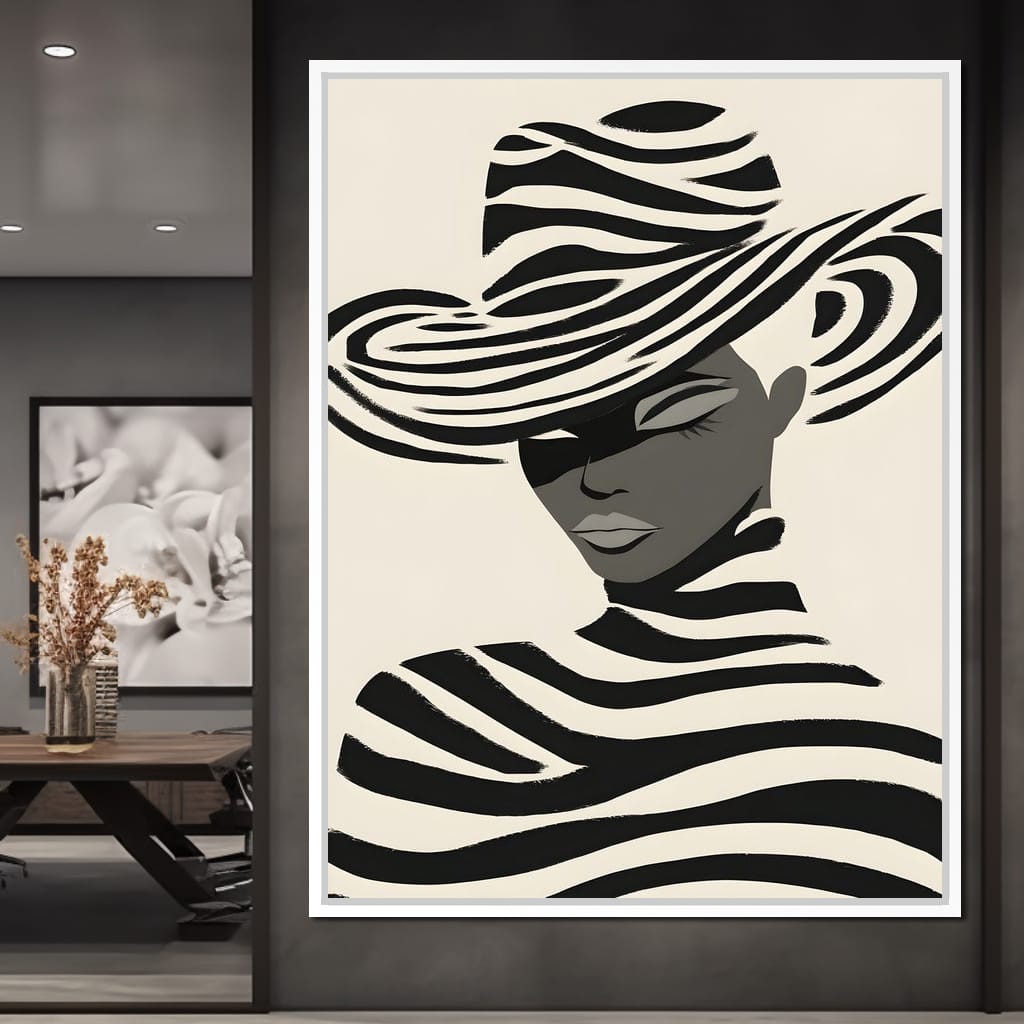 Monochrome Zebra Hat Lady Canvas Wall Art