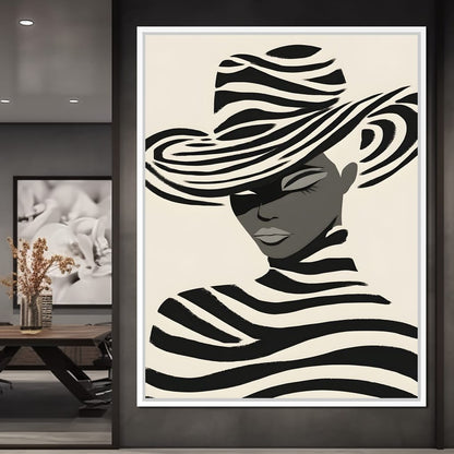 Monochrome Zebra Hat Lady Canvas Wall Art