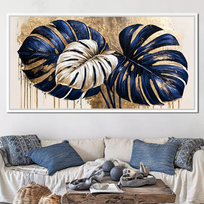 Gilded Monstera Leaves Dancing With Light Canvas Wall Art