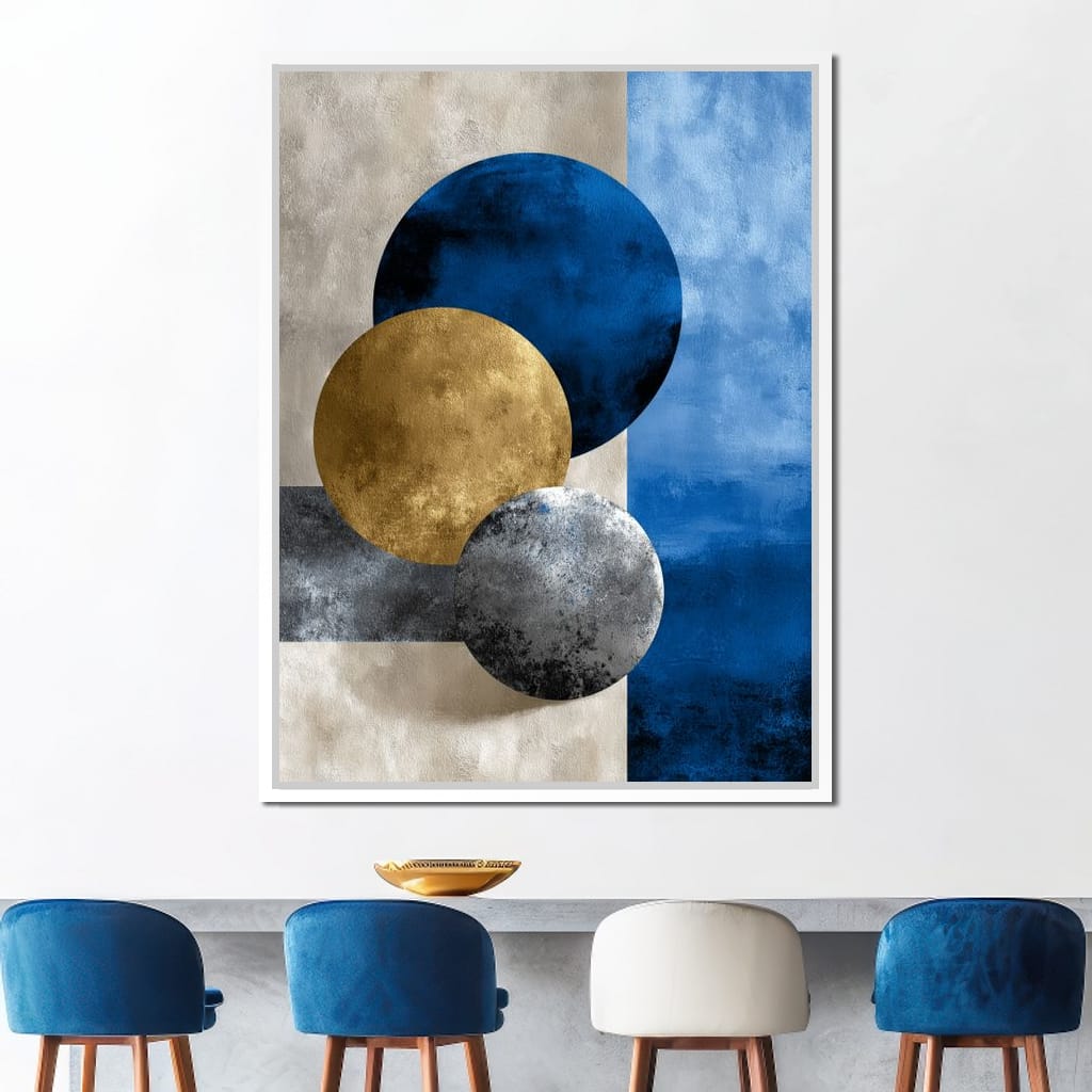 Modern Geometric Blue Gold Orbit Canvas Wall Art