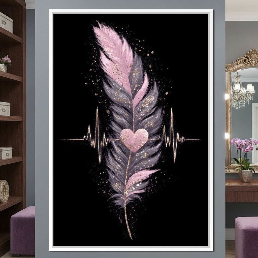 Feather Heartbeat Gold Pink Canvas Wall Art