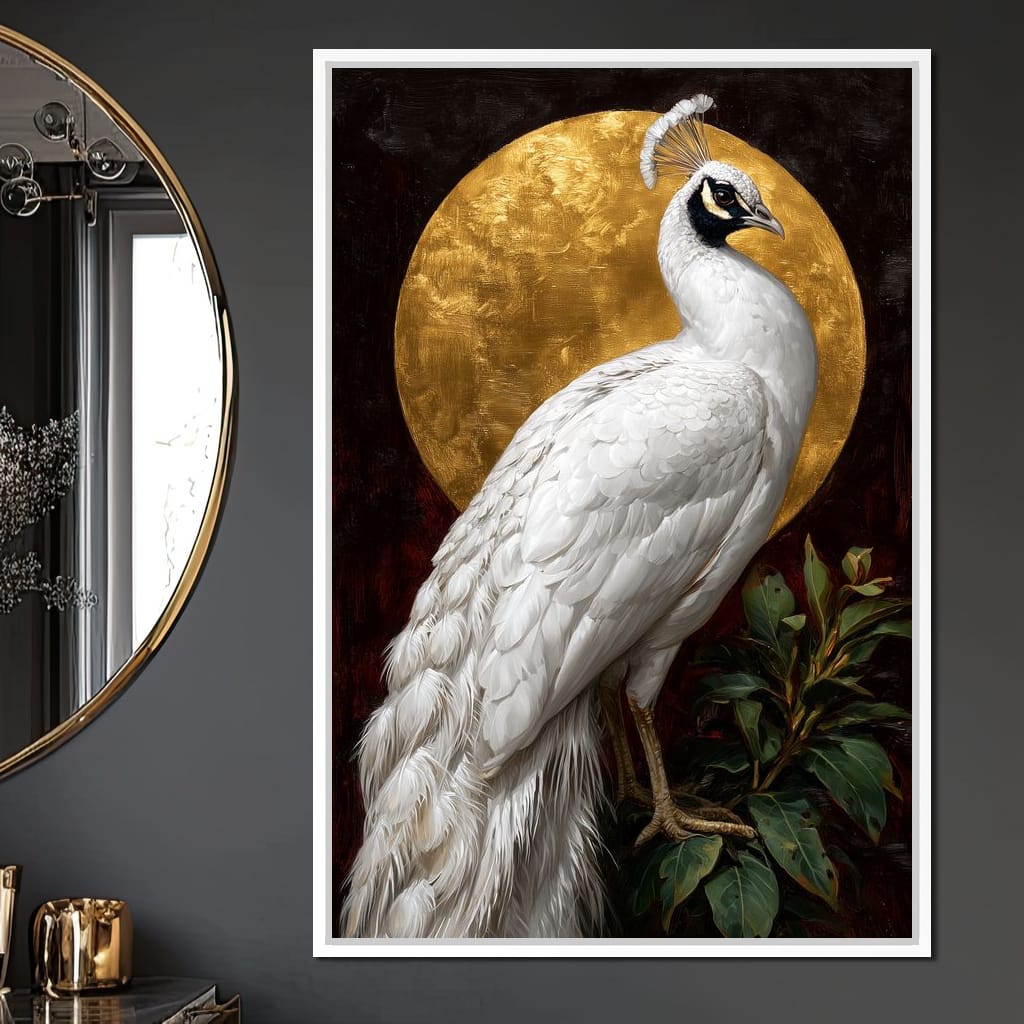 Golden Halo White Peacock Pose Canvas Wall Art