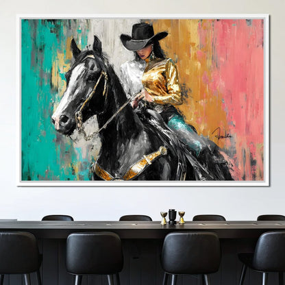 Golden Rider on Midnight Steed Canvas Wall Art