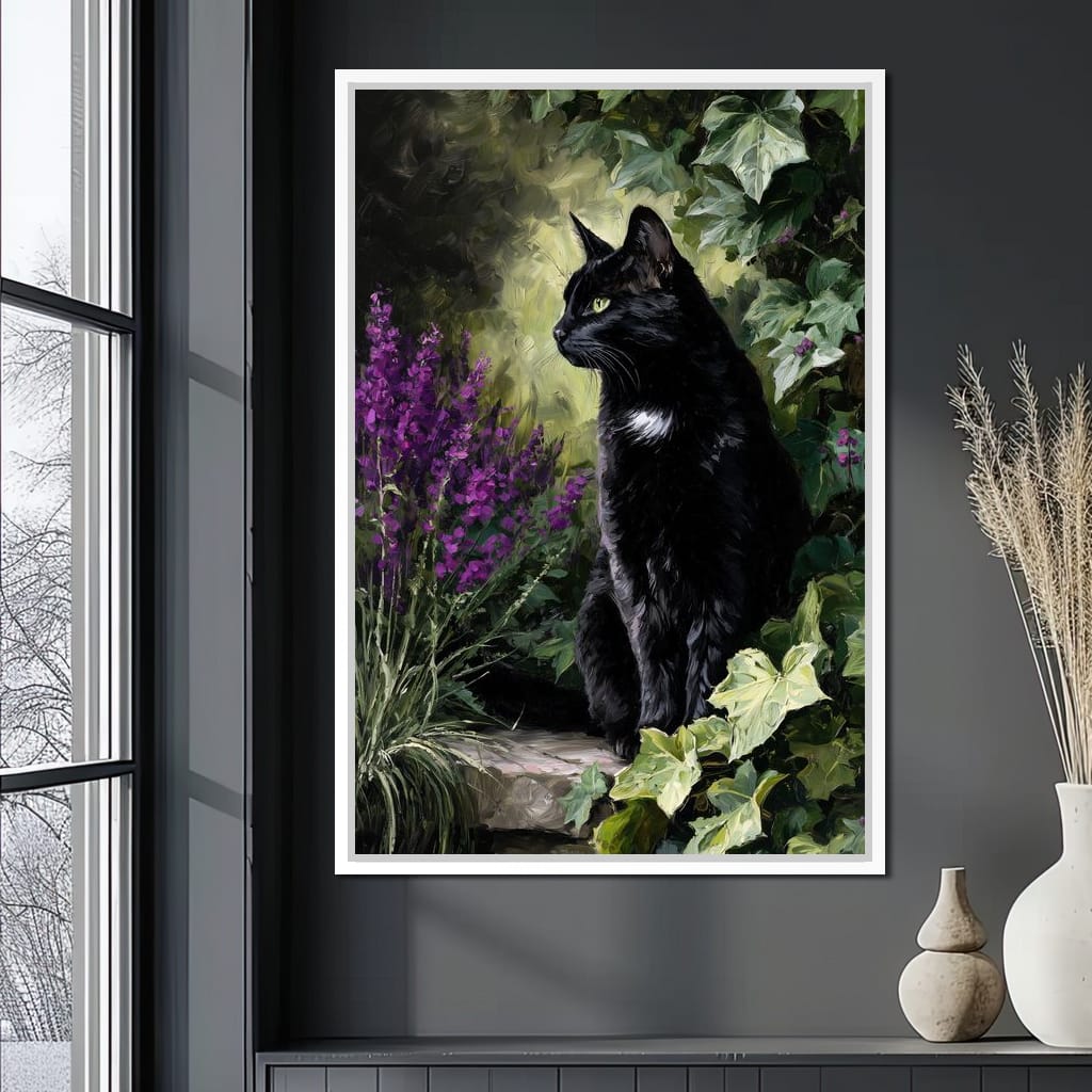 Black Cat Garden Sentinel Canvas Wall Art