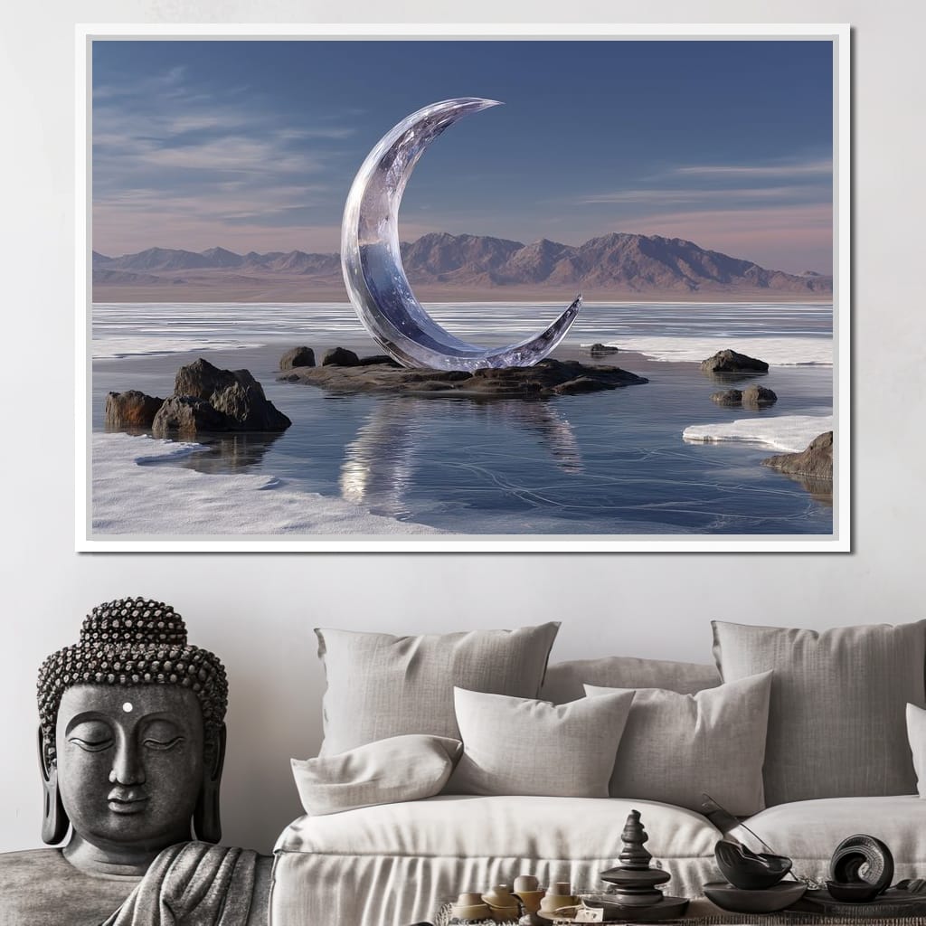 Silver Crescent Over Salt Flats Canvas Wall Art