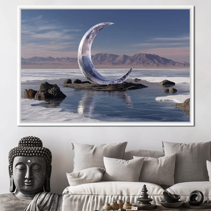 Silver Crescent Over Salt Flats Canvas Wall Art