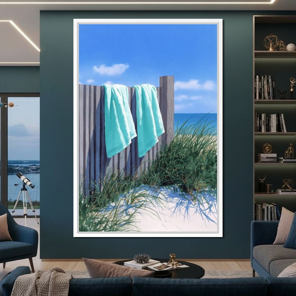 Coastal Towels On Dune Fence Canvas Wall Art