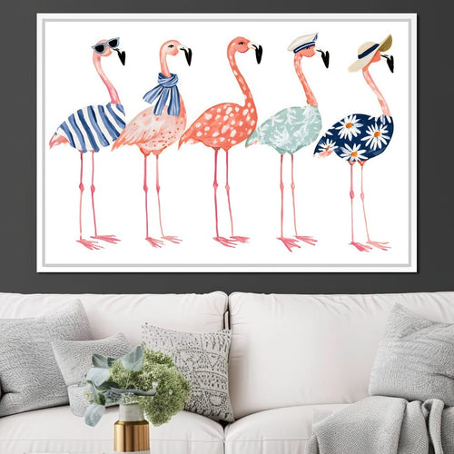 Five Stylish Flamingos on Summer Vacation Canvas Wall Art