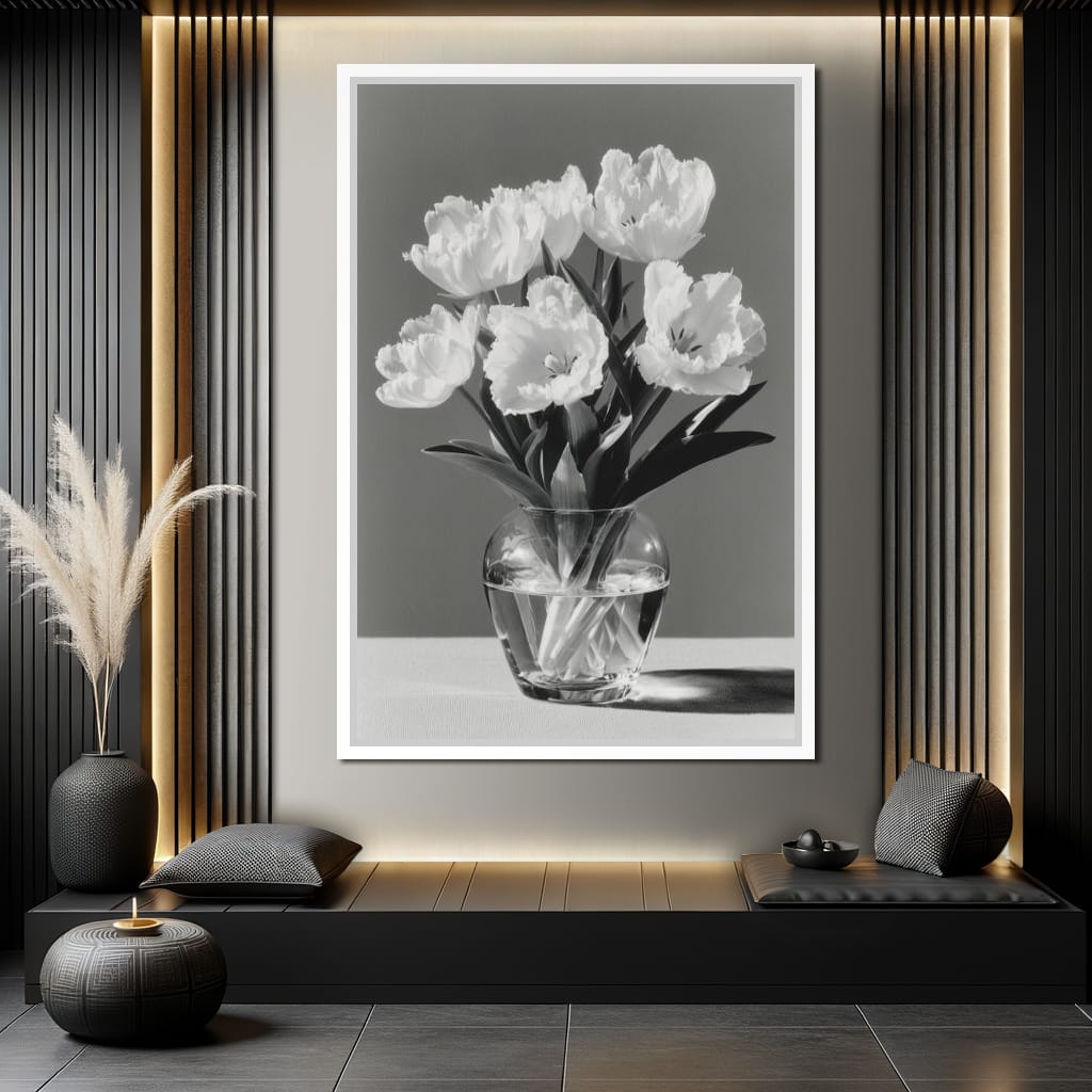Monochrome Tulips Glass Vase Canvas Wall Art