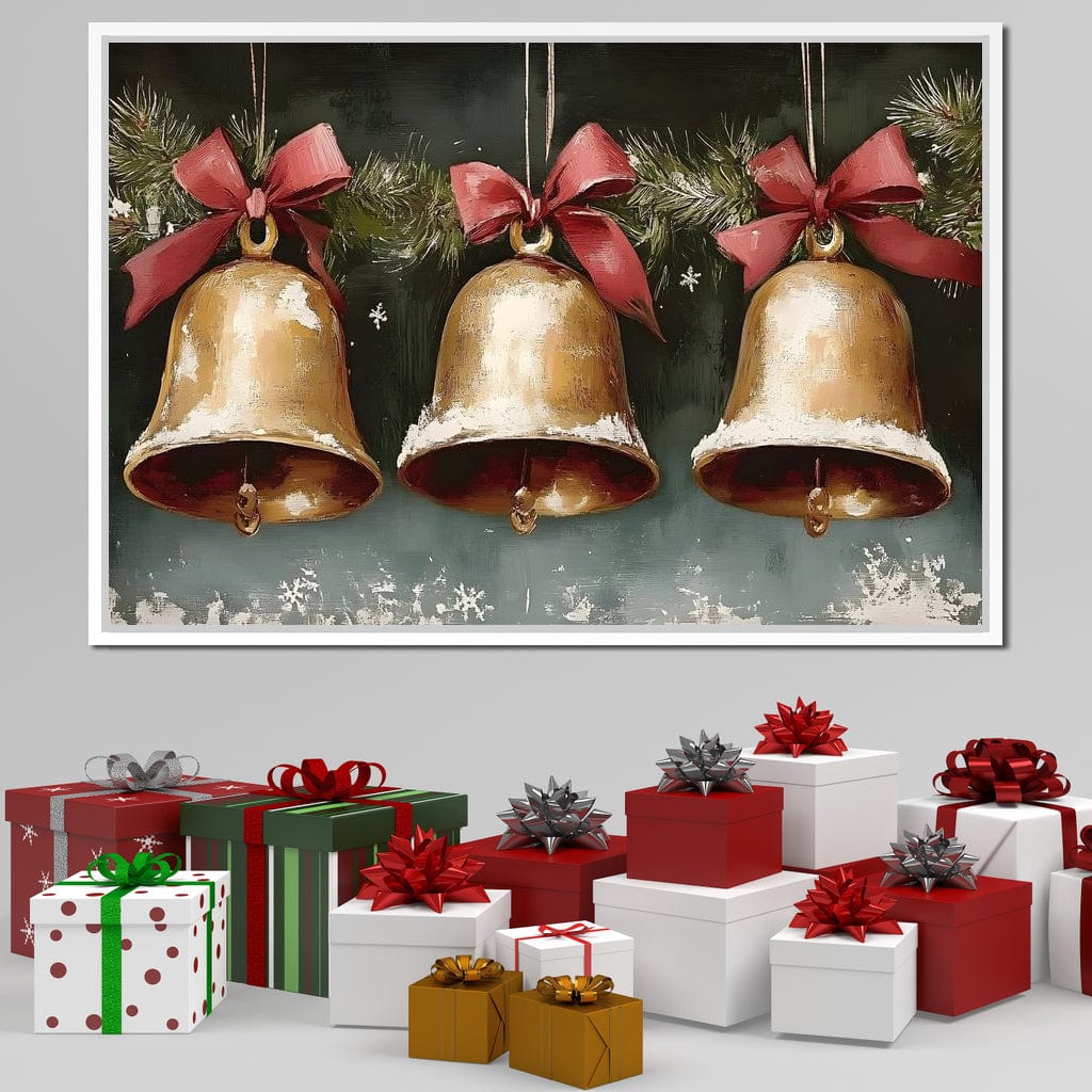 Snow Kissed Golden Holiday Bells Canvas Wall Art