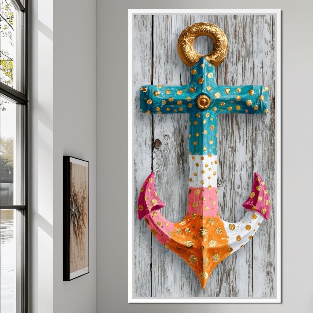 Golden Dotted Nautical Anchor Canvas Wall Art